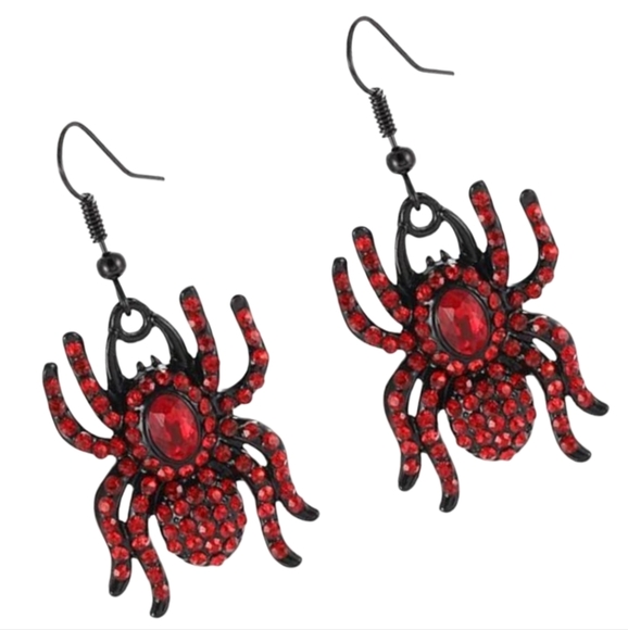 Black Tarantula Spider Charm Earrings Ruby Red Rhinestone Goth Crystal Spiders - Picture 2 of 3